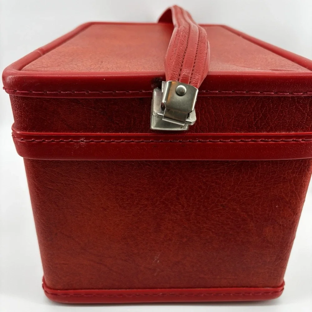 Red Orange Train Vanity Case Vintage Luggage Sesame Lined Snap Closing